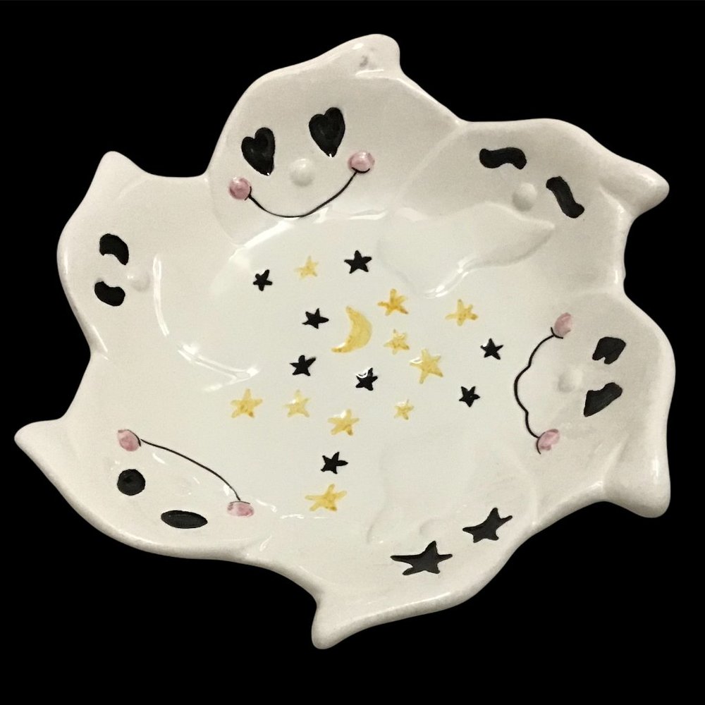 Halloween Ceramic Ghost Dish Moon Stars Ghosts Candy Chips Party New NOS Retired